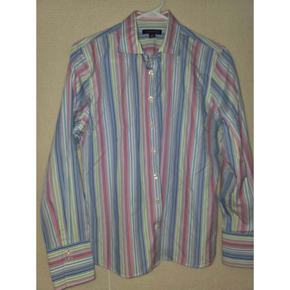 Lands End Womens 12P Petite Multi Color Striped Button Down Shirt Long Sleeve